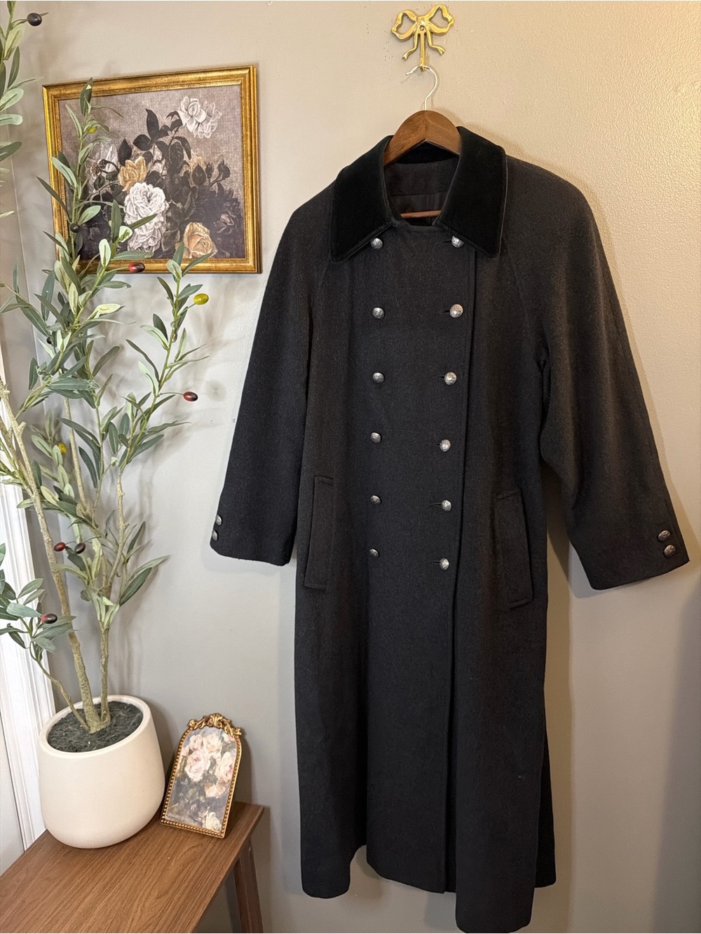 Anne Klein II Black Wool Angora Long Military Coat Double Breasted Size 8 - Picture 2 of 9